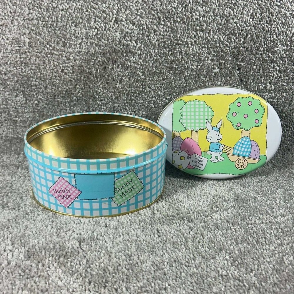 The‎ Tin Box Company Easter Bunny Tin Blue Gingham Oval Decorative Storage Small